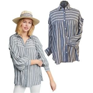 Harshman Randall Grey White Twin Striped Oversized Button Down Blouse Size Small